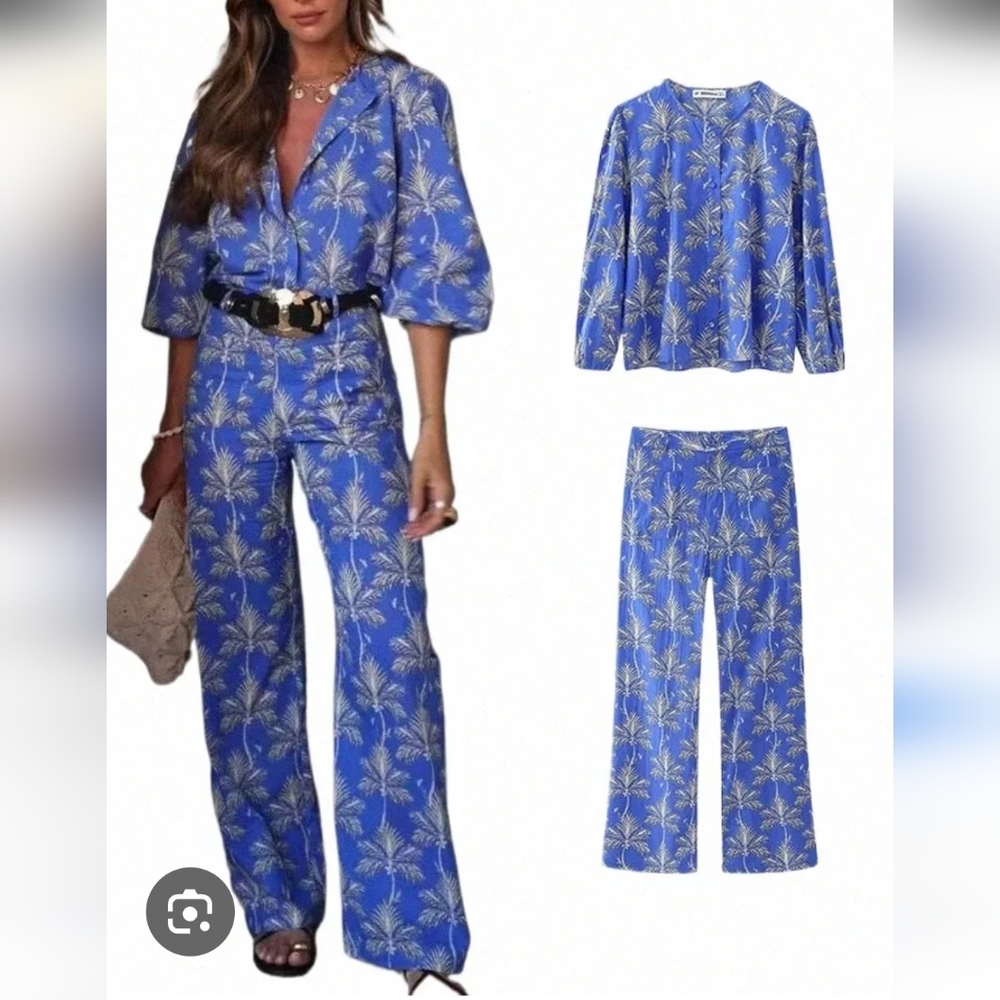 ZARA Summer Chic Printed Pantsuit: Lapel Shirt & Loose Trousers.